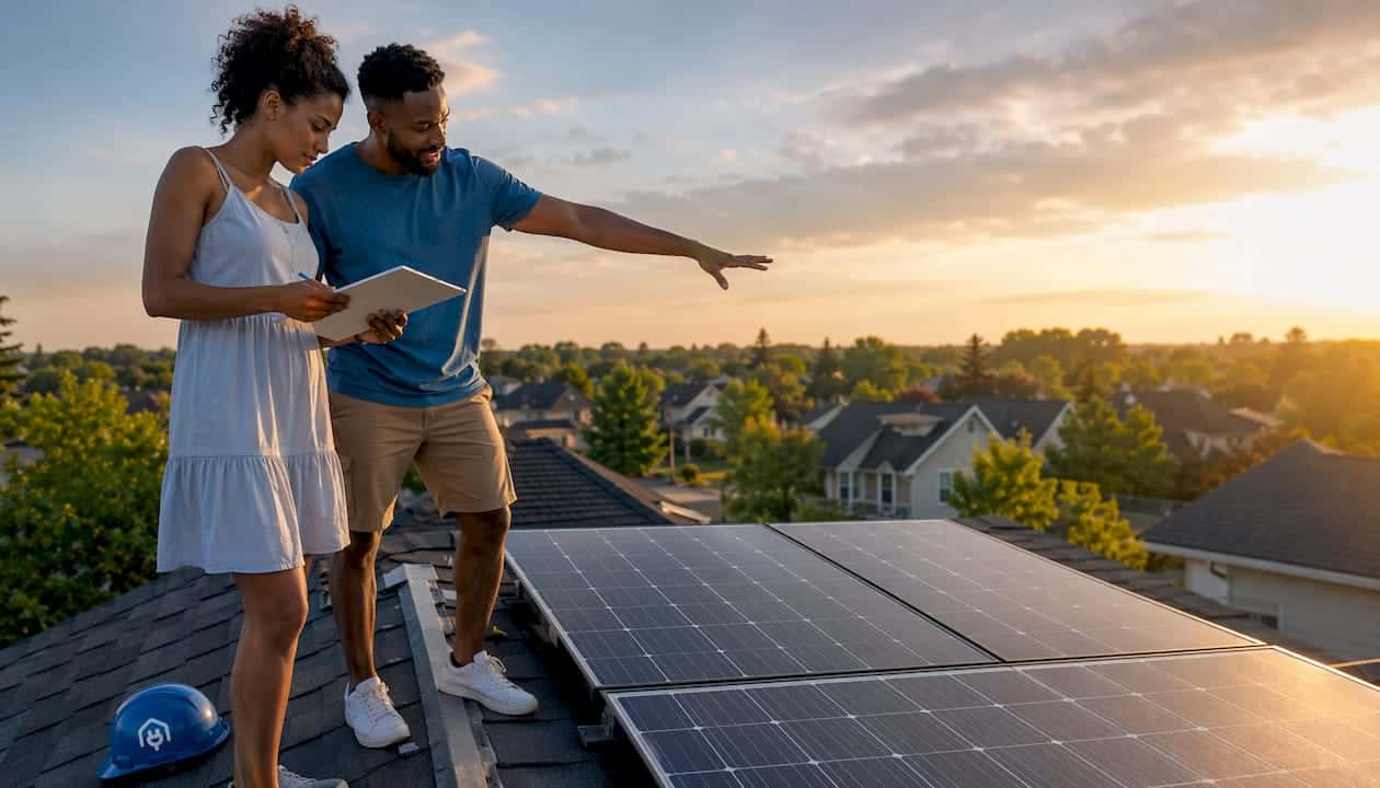 Couple reviewing solar panel installation
