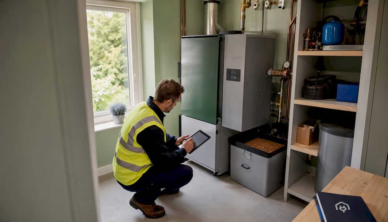 Energy assessor recording data on biomass boiler