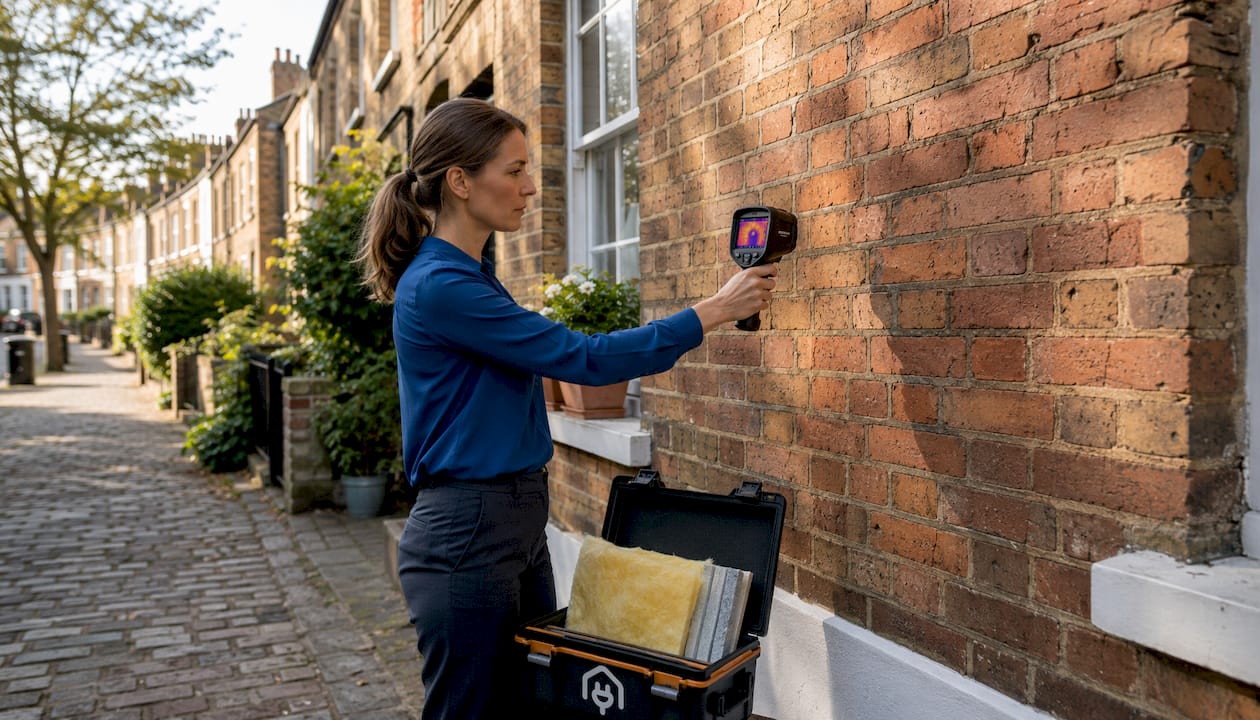 Specialist inspecting Victorian home's insulation