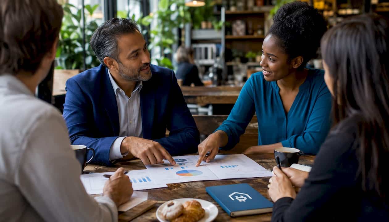 Two professionals discussing carbon footprint charts at office table