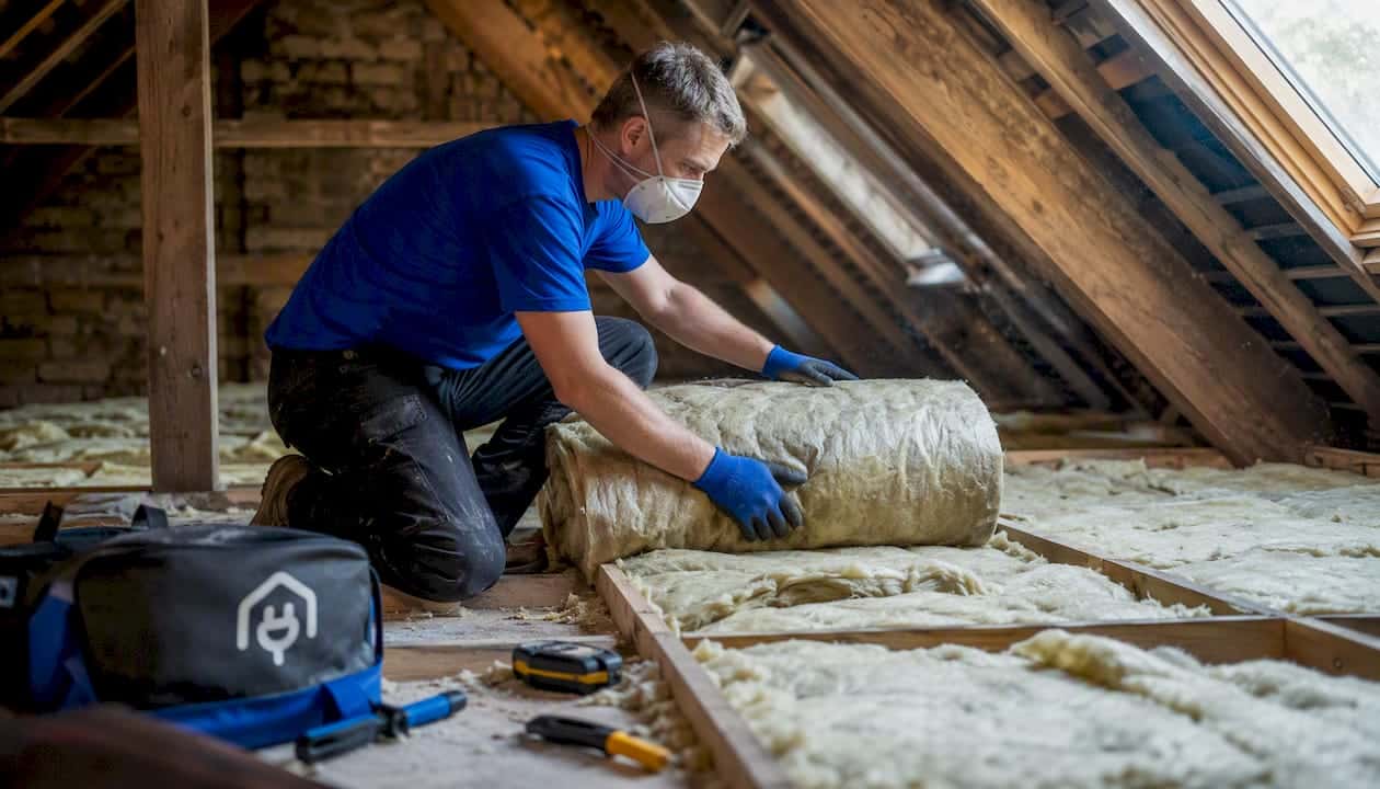 Tradesman installing loft insulation in attic space