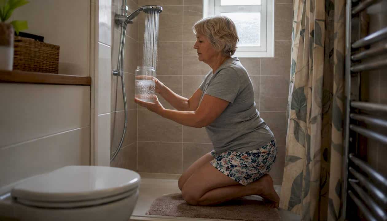 Overhead of woman measuring shower flow