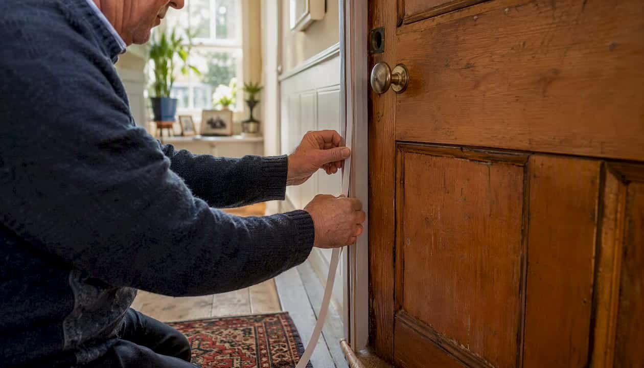 Hands applying draught proofing strip to door