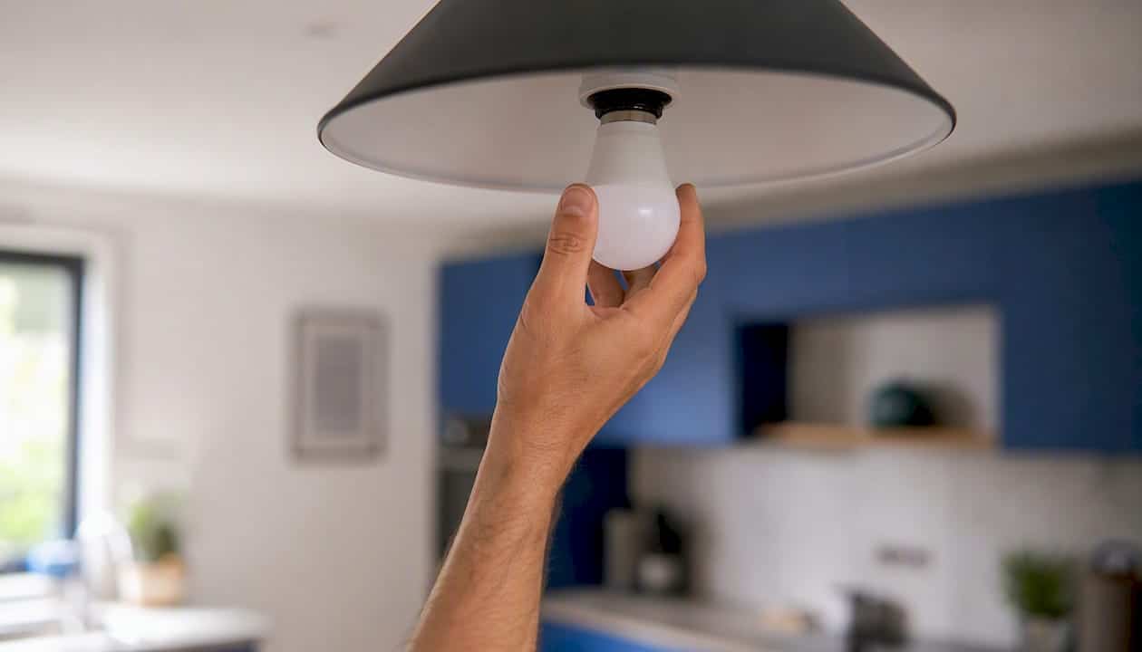 Hand installing LED bulb into fitting