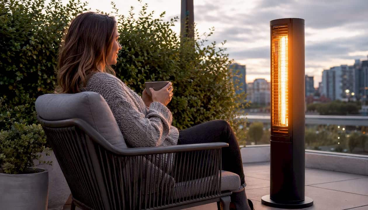 Infrared heater glowing warmly near a person