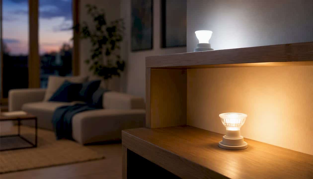 Side-by-side LED and halogen bulbs lit