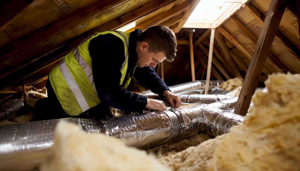 Hands connecting MVHR ductwork in loft