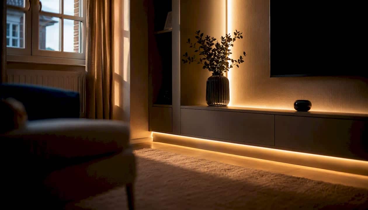 UK living room with warm LED lighting