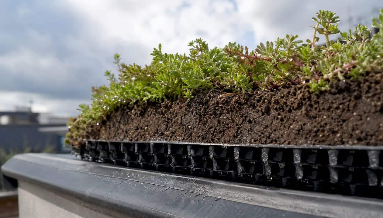 Green roof layers holding rainfall moisture