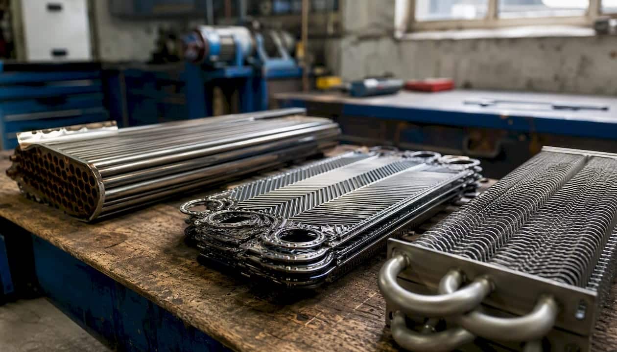 Different heat exchanger types displayed on table