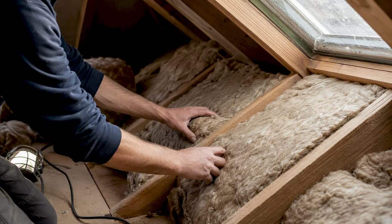 Hands fitting loft insulation wool batts