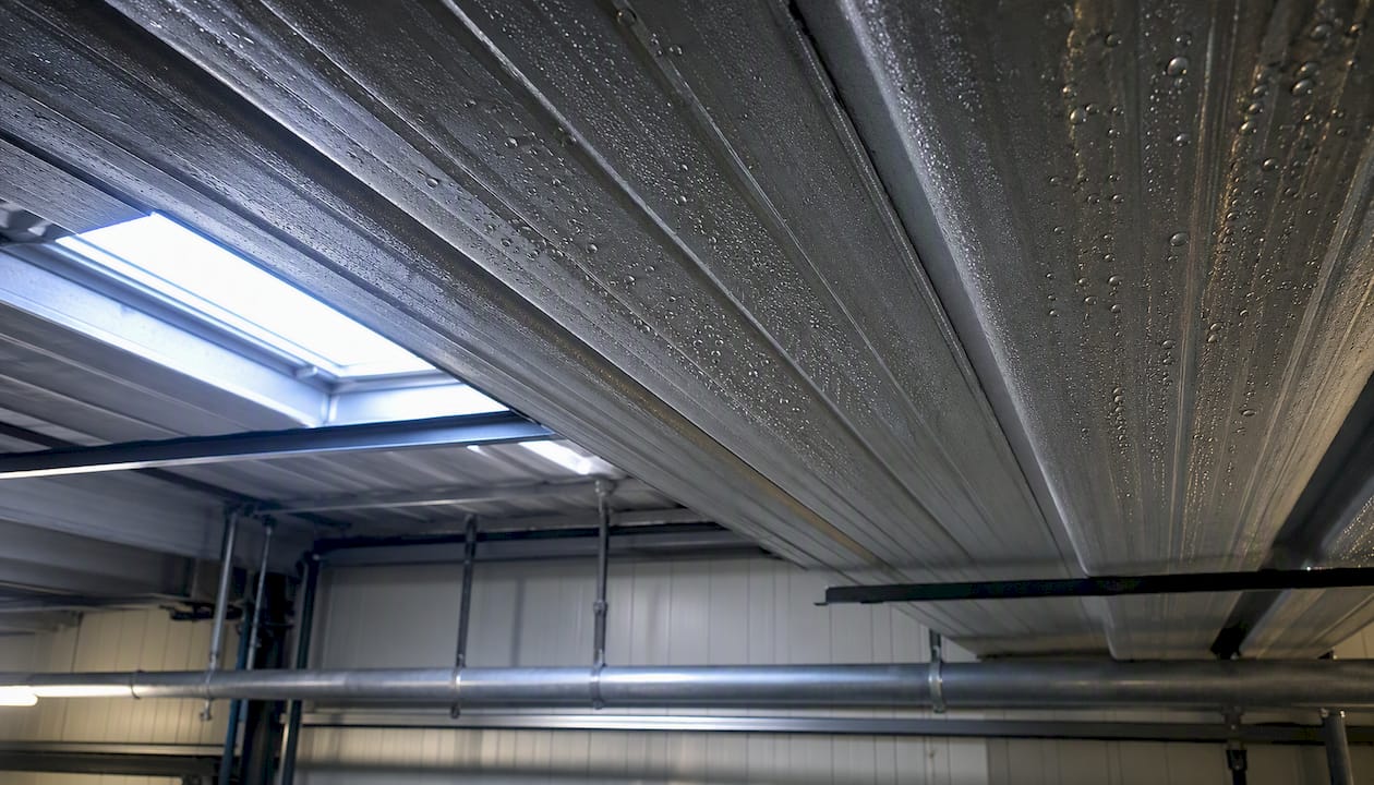 Condensation droplets on cold metal roof underside