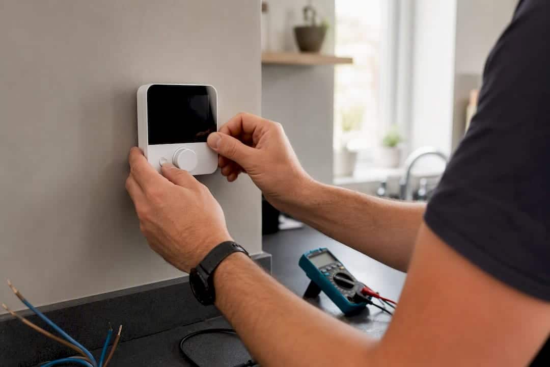 Hands testing smart thermostat settings