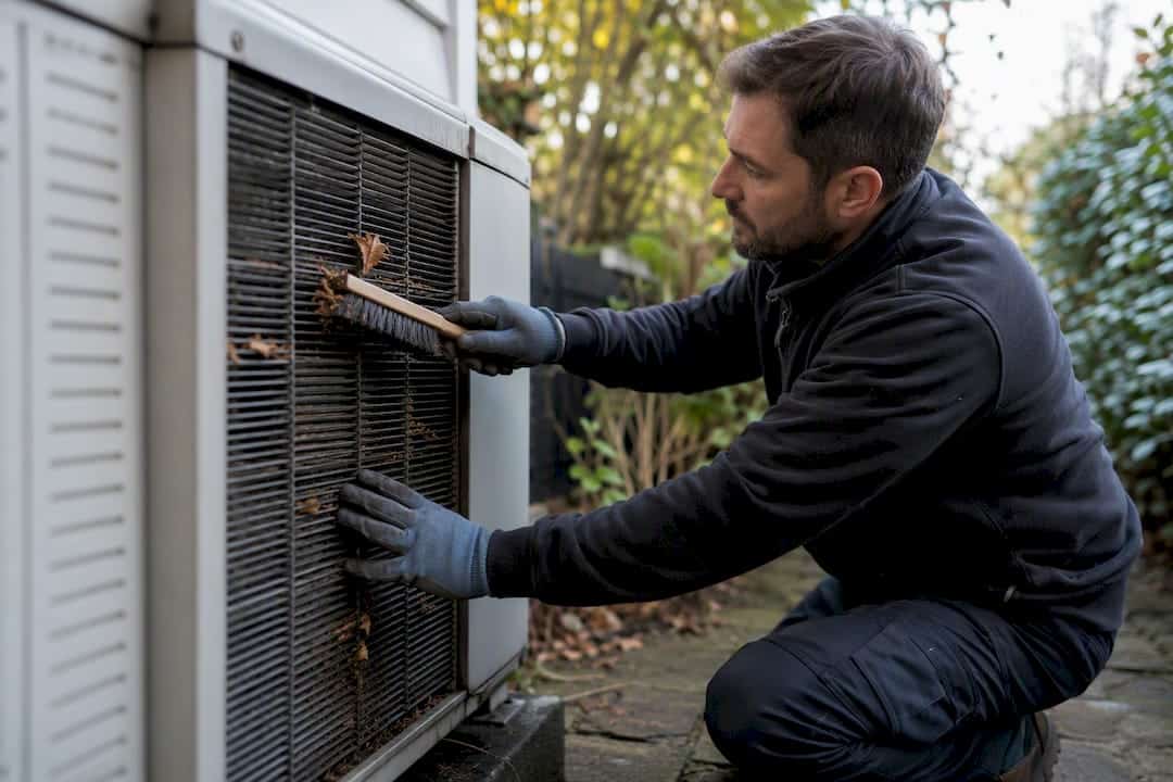 Hands cleaning heat pump condenser coils