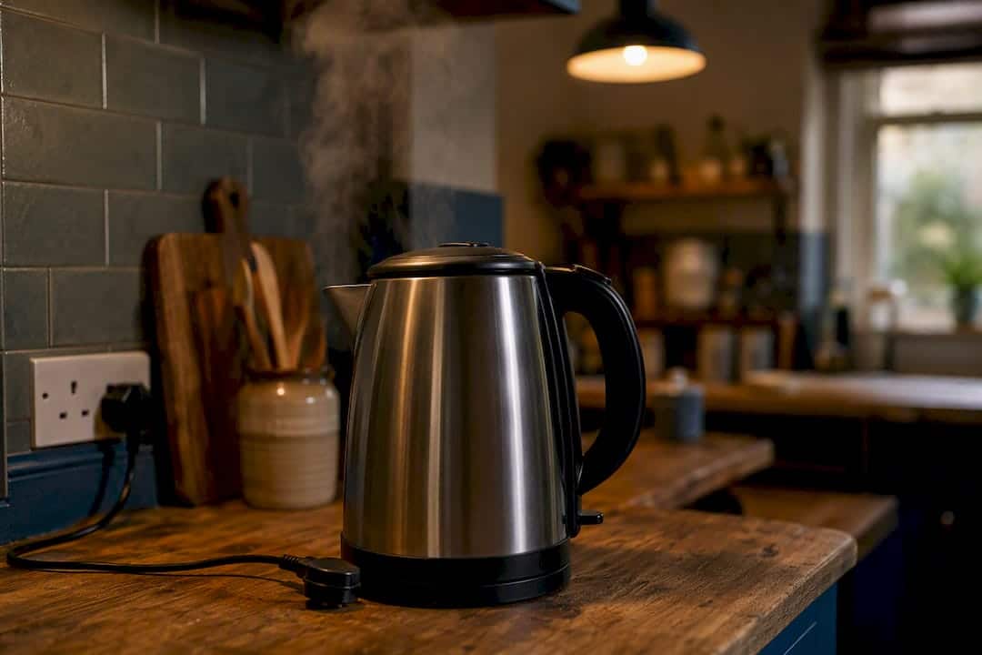 Electric kettle boiling in home kitchen