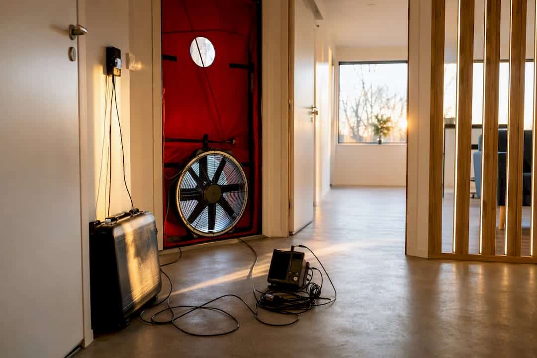 Blower-door test setup in airtight building doorway