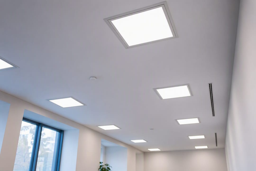 Diffuse LED panel lighting in empty office ceiling
