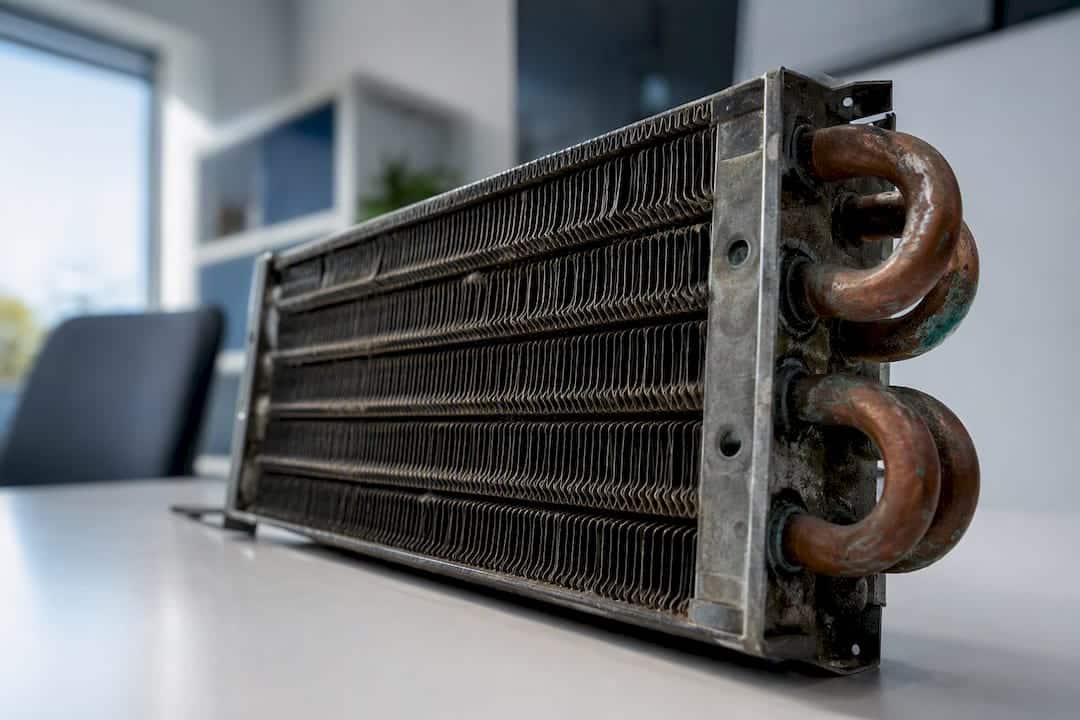 Close-up of finned-tube heat exchanger coil