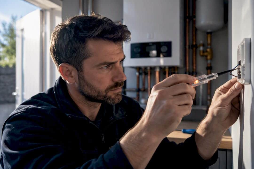 Engineer checking thermostat wiring connection