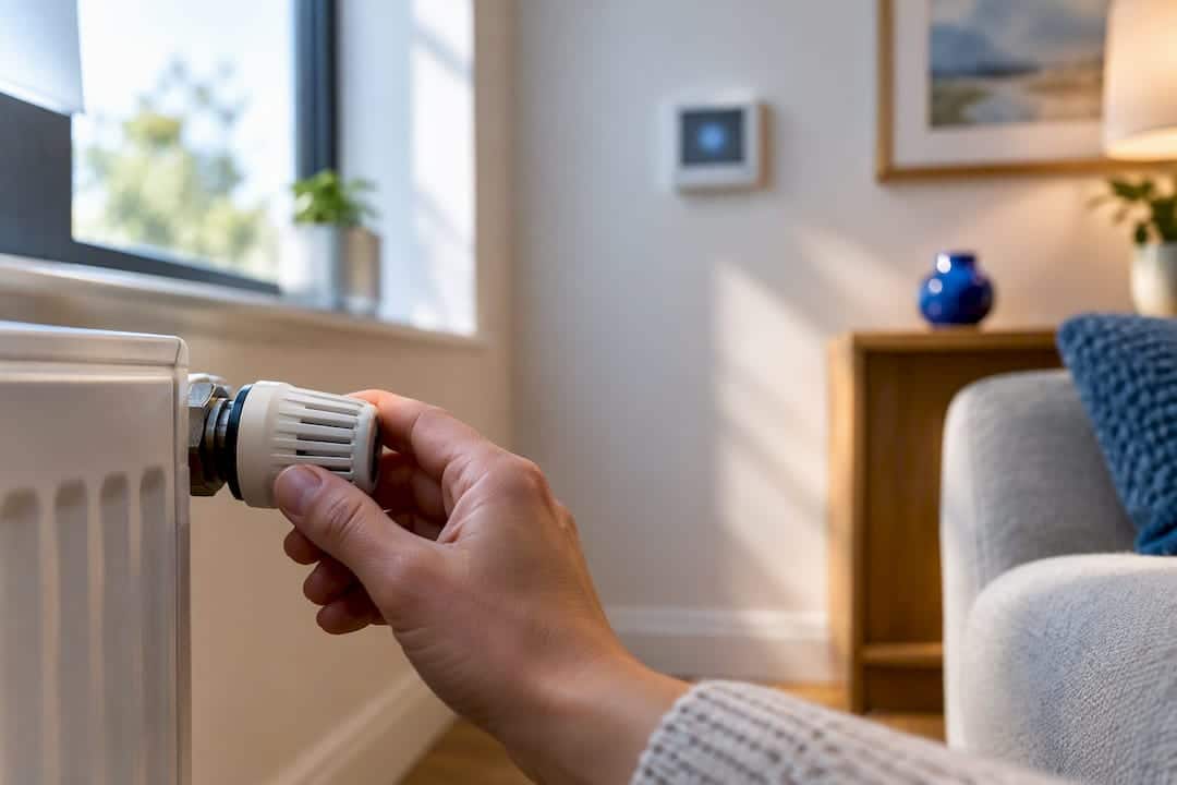 Hand adjusting radiator thermostat beside room control