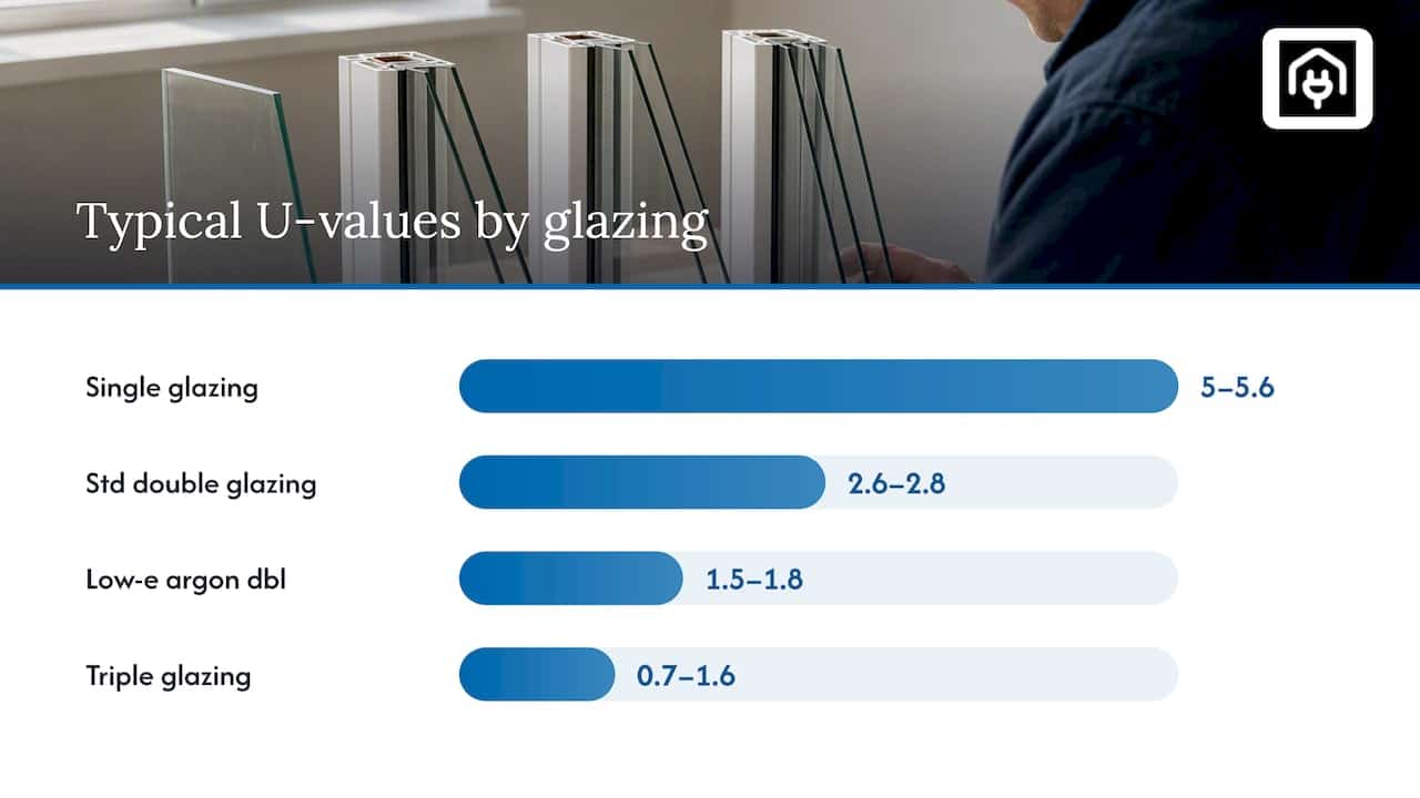 Typical U-values and sensible targets by glazing type — overview diagram