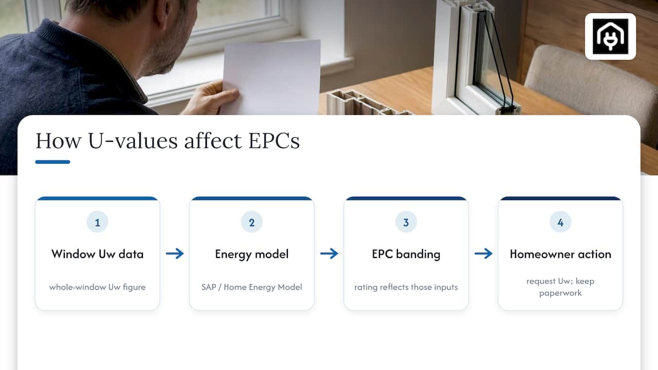 How U-values shape EPCs and energy assessments — overview diagram
