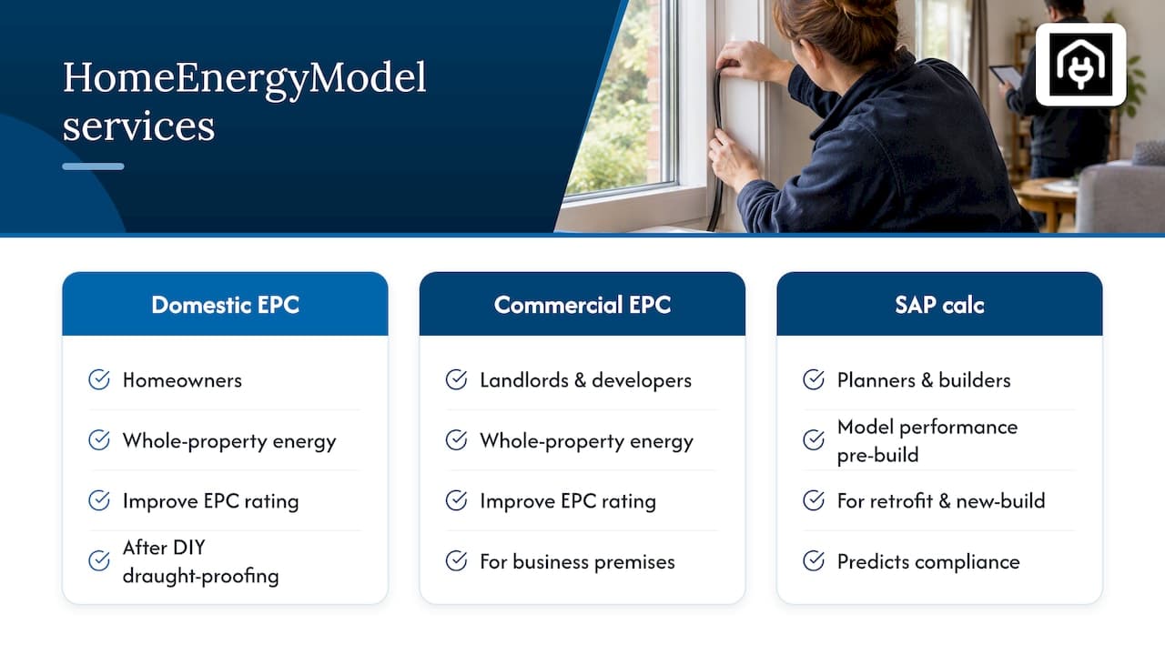 HomeEnergyModel services: energy assessment and professional support — overview diagram