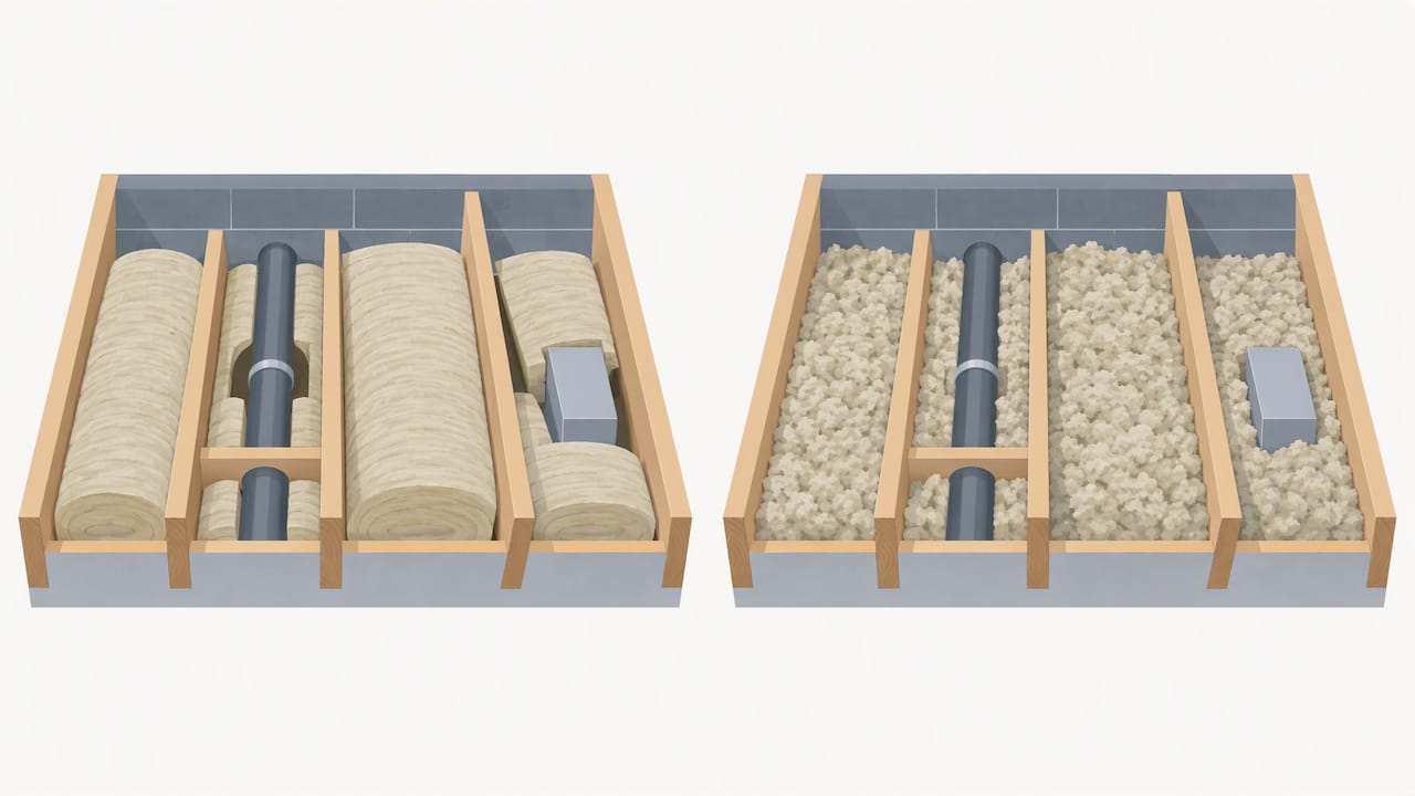 Loose fill fitting around pipes and joists