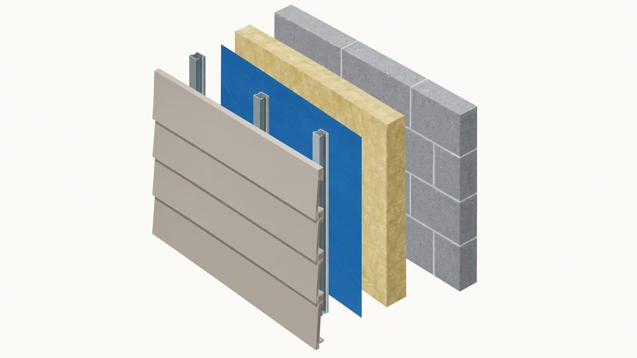 Cutaway showing cladding insulation membrane and wall