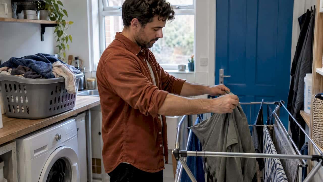 Laundry drying on an indoor clothes rack